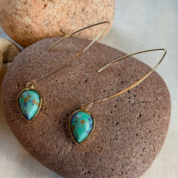 Gold Wire Slide Through Earrings Faux Turquoise Stone - Picture 1 of 4